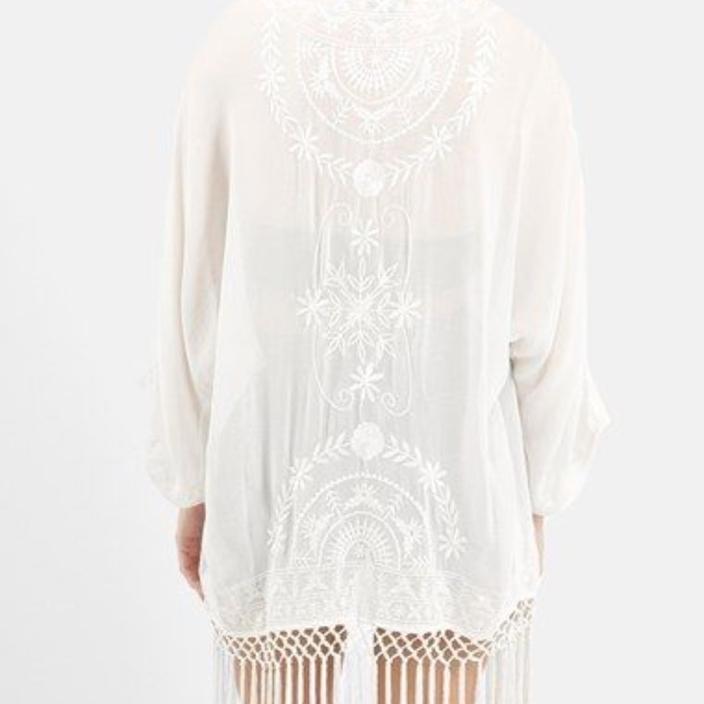 Topshop Cream Embroidered Fringe Kimono - Size M